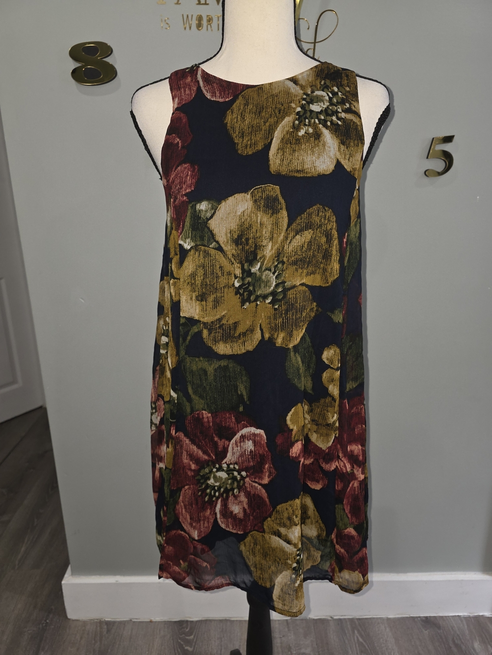 Abercrombie & Fitch Black Floral Mini Dress with Mustard & Burgundy Blooms